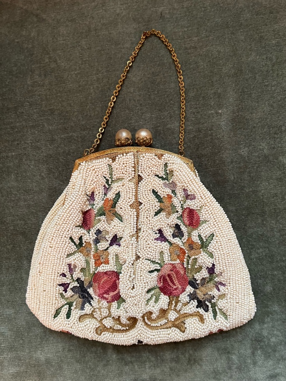 Vintage Beaded Floral Evening Bag in Cream